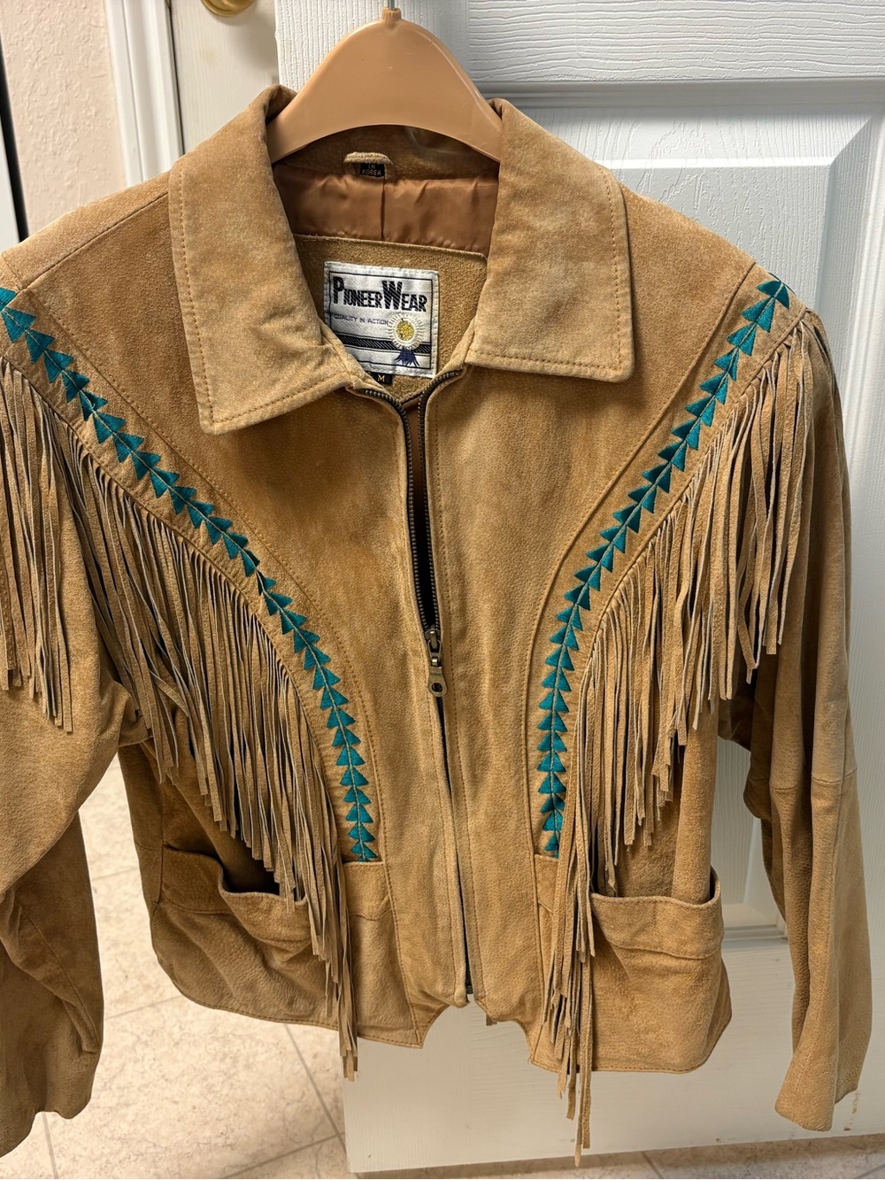 Vintage Pioneer Wear Tan Suede Leather Fringe Jacket